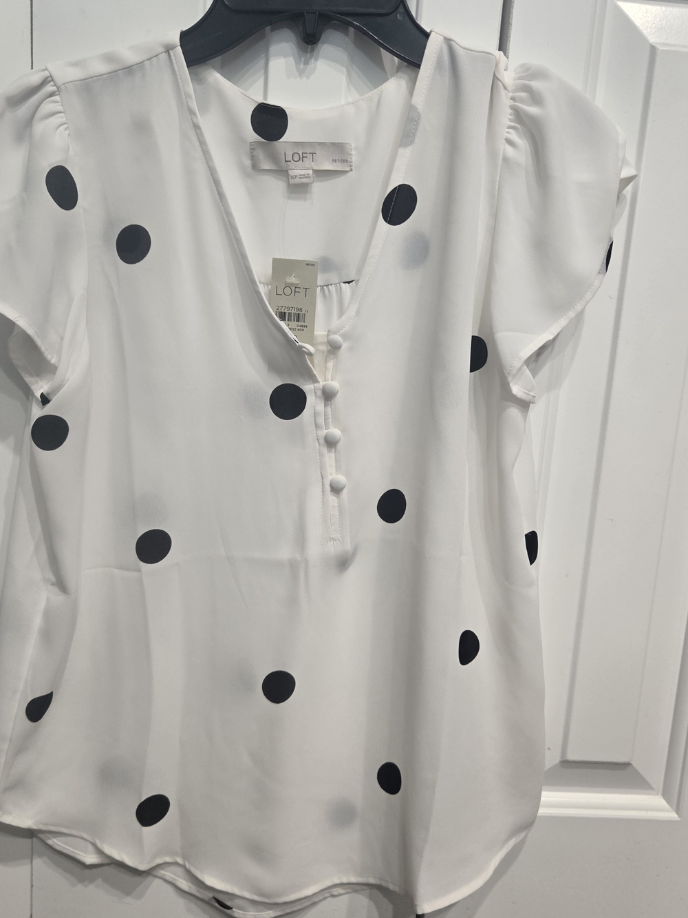 LOFT White Blouse with Black Polka Dots and Flutter Sleeves